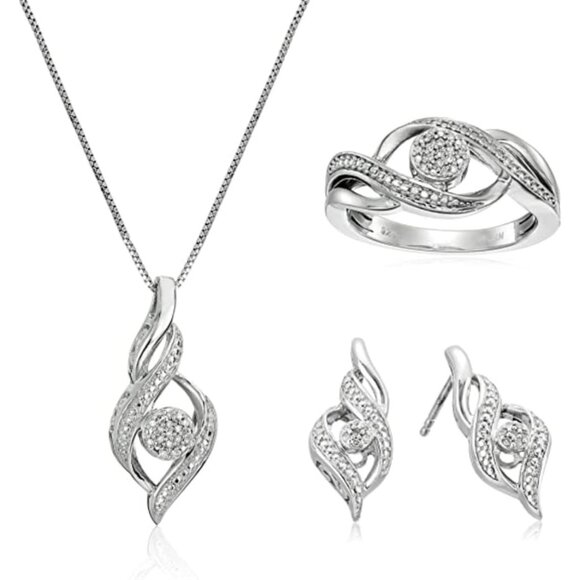 Sterling Silver 0.12 Carat Diamond Necklace Earrings Ring Set for Women